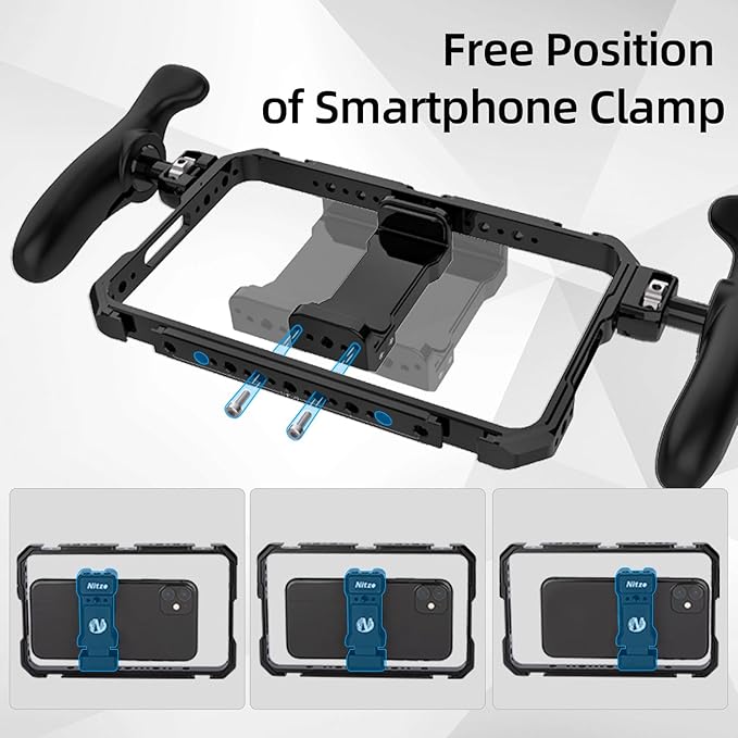 Nitze Smartphone Cage, Universal Phone Video Rig, with Ergonomic Side Handles, Adjustable Cellphone Clamp and 5 Built-in Cold Shoes, for Vlogger and Videographer - T-MP01B