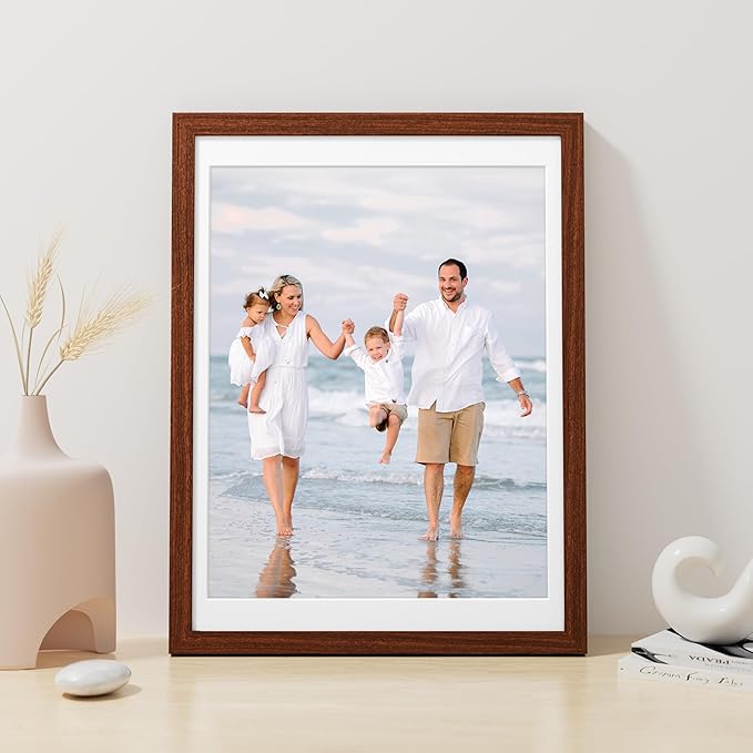 Vittanly 12x16 Picture Frame, Made of Solid Wood and Shatterproof Plexiglass, Display Pictures 11x14 with Mat or 12x16 without Mat, Wooden Photo Frame for Wall Mounting, Brown, 1 Pack