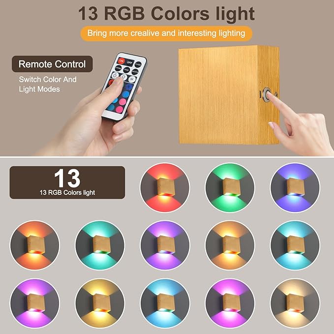 Lightess RGB Rechargeable Wall Sconces Set of Two with Remote Control, 13 Colors LED Cordless Wall Lights, Dimmable Wall Lamp for Bedroom, Living Room, Hallway (Gold)