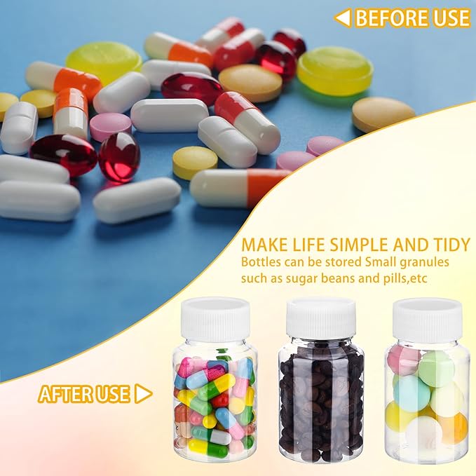 Vesici 36 Pcs 80 ml Clear Pill Bottle Plastic Medicine Empty Reagent Bottle with White Screw Cap Solid Powder Case Refillable Containers with Label Sticker for Liquid Solid Powder Medicine