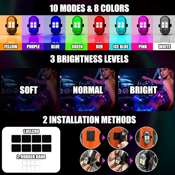 Upgraded Wireless LED Lights for Car, Rechargeable Interior Car Lights with 8 Colors Brightness Adjustable, 12H Battery Life, Remote Control, Mini Strobe Lights for Vehicle Motorcycle Bike Decor