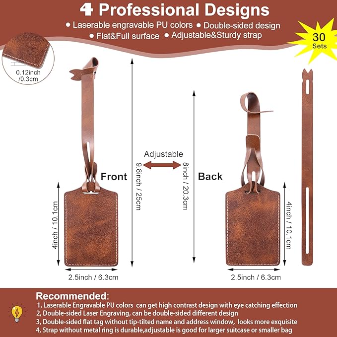 30 Sets Laser Engraving Material - Ideal Laserable Engravable Leatherette Team Gift Group Keepsake - Personalized Lasable Brown Faux PU Leather Name ID Number for Suitcases Bag Backpack Badge