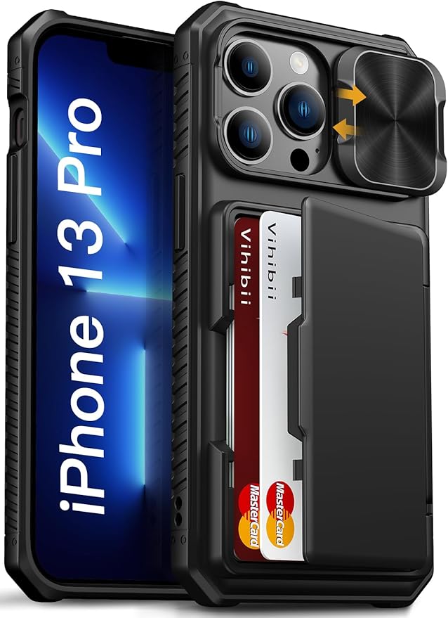 Vihibii for iPhone 13 Pro Case with Card Holder (4 Cards) [RFID Blocking] & Slide Camera Cover, Military Grade Drop Protection, Rugged Hard Back & Silicone Edge Wallet Phone Cover 5G 6.1" 2021, Black