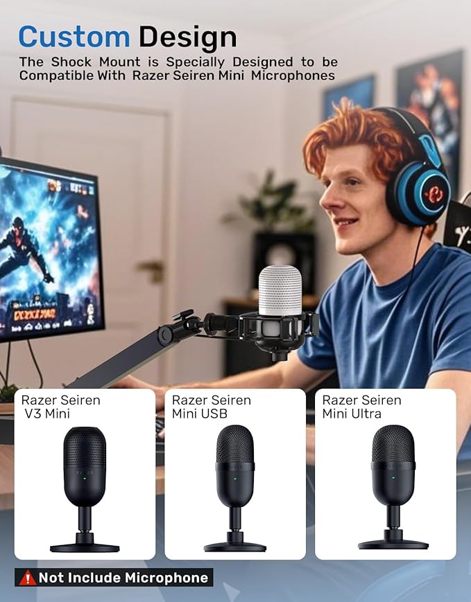 Custom Built for Razer Seiren Mini Shock Mount, 2026 Upgrade Anti-Vibration Suspension Elastic Shock Mount Holder Clip Mics Stand Compatible with Razer Seiren Mini Microphone