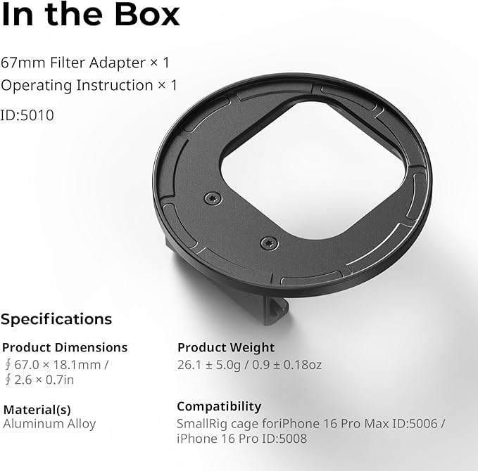 SmallRig 67mm Magnetic Filter Adapter Side Mount Version for iPhone 16 Series Cages, Quick Release Phone Lens Filter Ring, for iPhone 16 Pro Max Cage 5006/16 Pro Cage 5008-5010