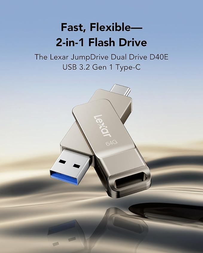 Lexar D40E 64GB Dual USB 3.2 Gen 1 Type-C Jump Drive, USB-C Flash Metal Housing Swivel Design Thumb Drive(Champagne Silver)