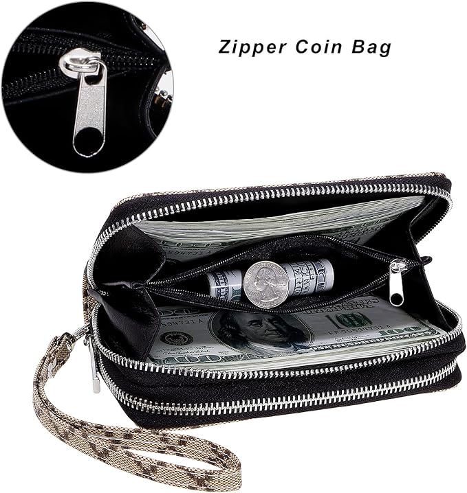 Cellphone Wallet for Women Dual Zipper Long Purse with Removable Wristlet