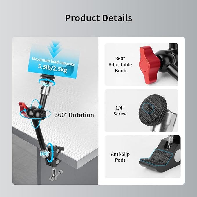 9" Magic Arm Clamp Kit with Cold Shoe Phone Holder & Tripod Mount Adapter | Versatile Mount for DSLR, Monitor, Lights, Phone, Action Cameras