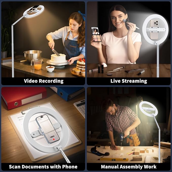 yAyusi 68.5" Overhead Phone Mount with Ring Light for iPhone, 3000mAh 360° Rotation Foldable Rechargeable Ring Light Phone Holder for Video Recording, Live Streaming, Artistic Creation, TikTok,YouTube