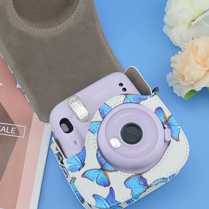 Frankmate PU Leather Camera Case Compatible with Fujifilm Instax Mini 11 12 Instant Camera with Adjustable Strap and Pocket (Butterfly)