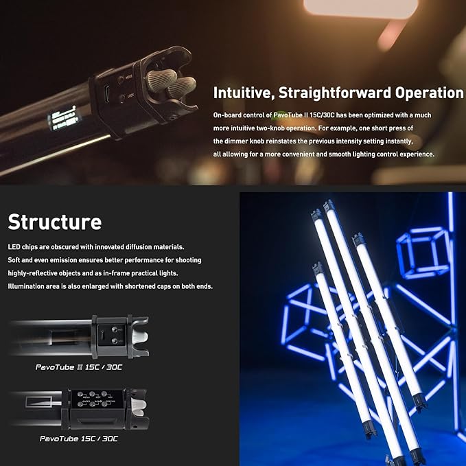 NANLITE PavoTube II RGBWW LED Light Tube, Color RGBWW LED Pixel Tube Photography Handheld LED Video Lighting Wand with AC Chargers, Mounts, and Case Battery Powered (PavoTube II 30C 1Kit)