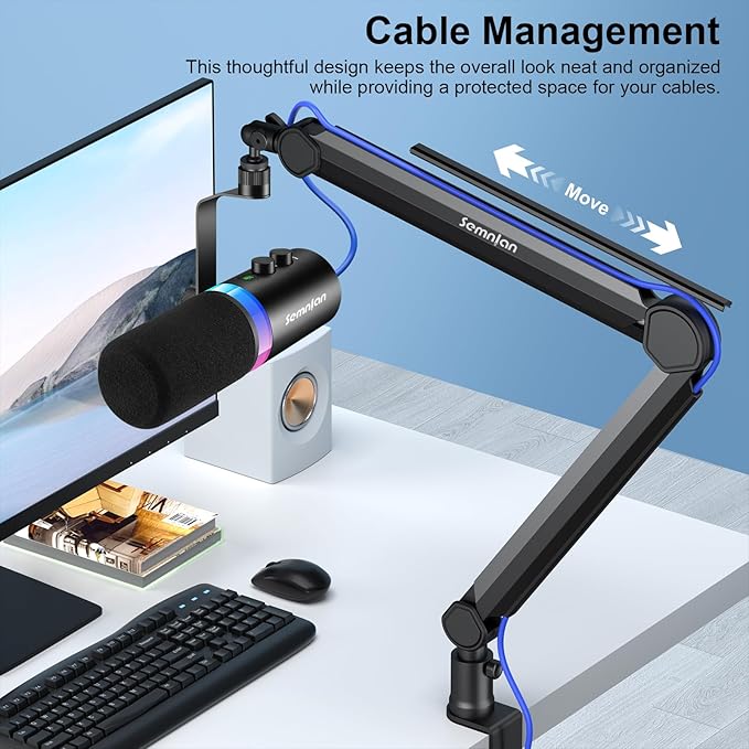 LM08 Mic Arm Stand, 360° Microphone Stand with Cable Management Channels, Desk Clamp, Thread Adapter, Fully Adjustable Built Podcast Mic Boom Arm for Streaming Gaming Recording Black
