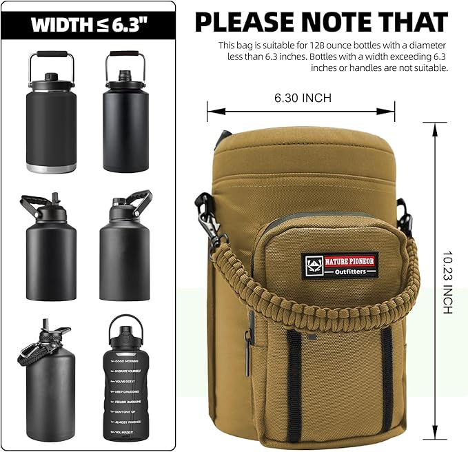 NATURE PIONEOR Water Bottle Holder with Adjustable Strap - Half/One Gallon (64/128oz) Insulated Water Bottle Sling Carrier with Phone Pocket & Paracord Handle, Outdoor Camping, Hiking, Gym
