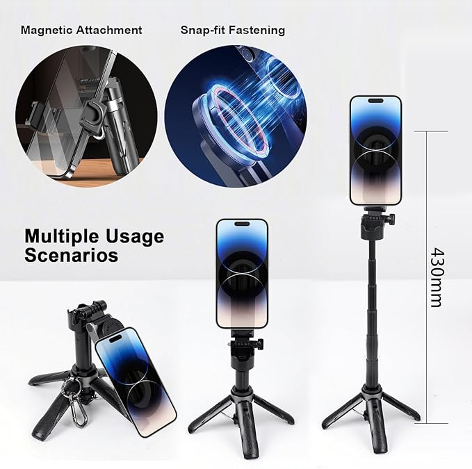 Mini Magnetic Phone Tripod with Remote Control, Portable Magnetic Selfie Stick Tripod for Photography, Videography and Live Streaming, Cell Phone Stand for iPhone Smartphone