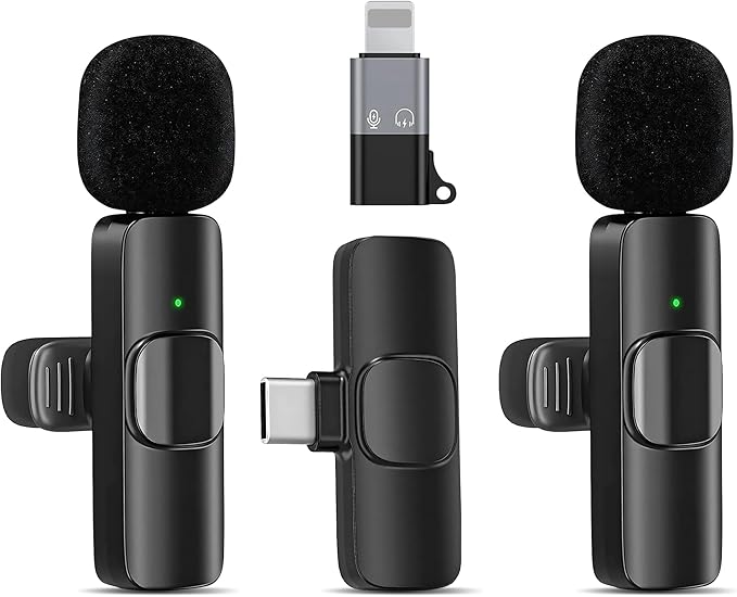 Wireless Lavalier Microphone 2-Pack – Compatible with iPhone, iPad, iOS, Android – Mini Mics with USB-C, Noise Reduction Lapel Mic for Video Recording, Vlogging, YouTube, TikTok (Black)