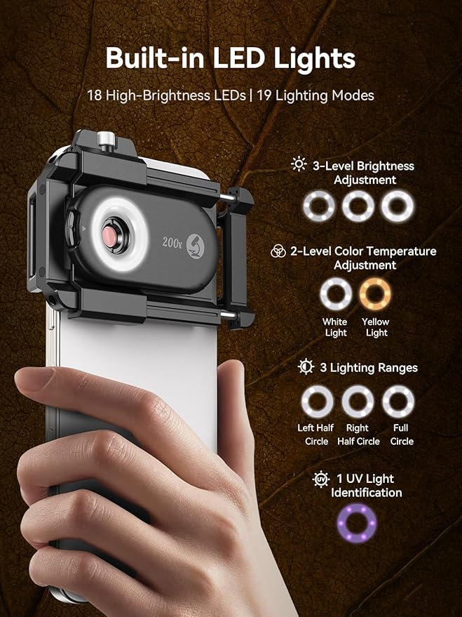 MIAO LAB 200X Phone Microscope with CPL Lens and LED/UV Light, Universal Clamp for iPhone/Android - Nano Zoom Portable Pocket Phone Microscope Lens Attachment