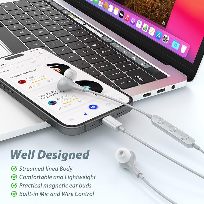 APETOO USB C Headphones for iPhone 17 16 15 Pro Max Wired Earbuds for Samsung S26 S25 S24 S23 S22 S21, Magnetic Noise Isolation in-Ear Type C Earphones with Mic Volume Control for iPad A16/Pixel, Grey