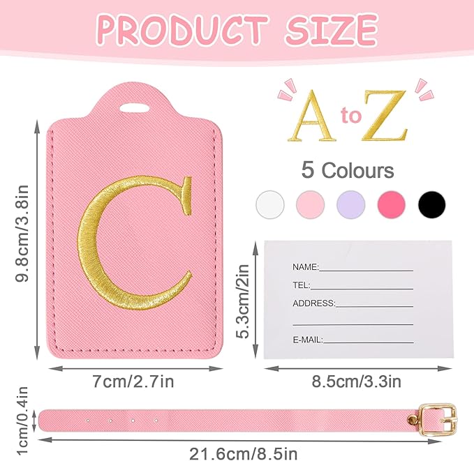 Initial Luggage Tags for Suitcases, Cute Embroidered Letter Luggage Bag Suitcase Identifier Name Baggage Tag, PU Leather Travel Luggage Tags, Bag Tags for Men Women Kids Luggage Handbags(Pink C)