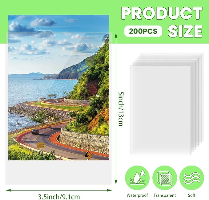 VOKOY 200 Pack 3.5x5 Photo Sleeves, No Holes Archival Quality Sheet Protectors Clear Top Loading Page Protectors Waterproof Soft Plastic Sleeve for Photos Postcards Pictures Art Prints Recipe Cards