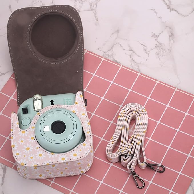 Frankmate Protective Case Compatible with Fujifilm Instax Mini 12 11 9 8 Instant Film Camera with Pocket and Adjustable Strap (Pink Daisy)