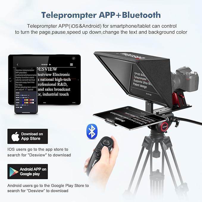Desview TP150 teleprompter 15 inch High Display Mirror Aluminum Alloy Teleprompter with Remote Control Compatible with ipad DSLR Camcorders Easy Assembly with Carry Case for Video Making