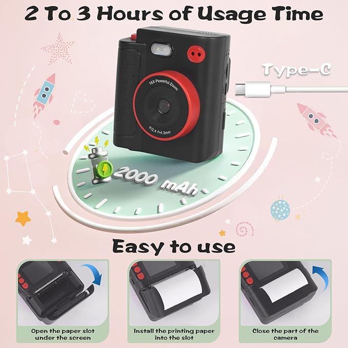 Kids Camera Instant Print, 1080P HD Dual-Lens Selfie Digital Camera with 5 Printing Paper Rolls & 32G TF Card, for Children, Portable Toddler Toy for Age 3-12 Boys & Girls (Black)
