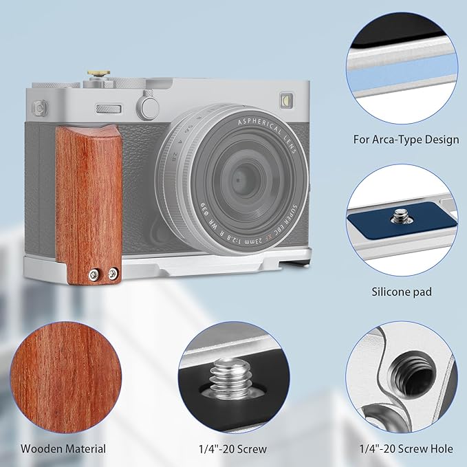 Haoge X-E5 L-Shape Grip for Fujifilm XE-5 Camera - Retro Grip Wooden Side Handle with Arca-Swiss Quick Release Plate-Silver, Extra Tripod 1/4 Hole & Hot Shoe Hole HG-XE5-W