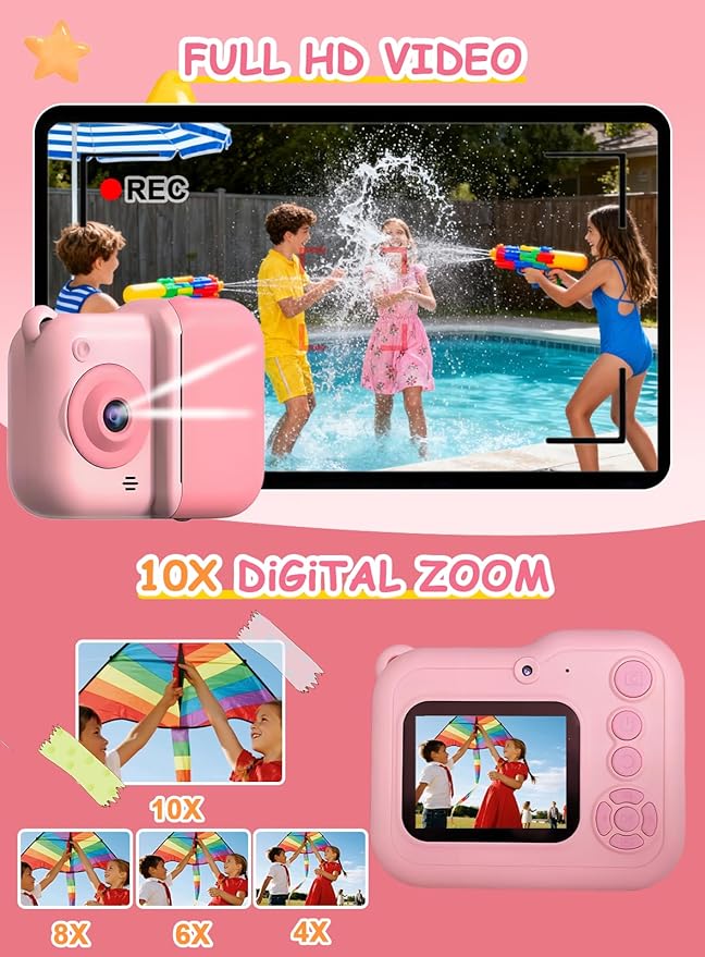 Kids Camera Instant Print, Christmas Birthday Gifts for Girl Boys 3-12 Years Old, Dual Camera HD Digital Video Cameras for Toddler 4 Rolls Print Paper & 32G Card (Pink)