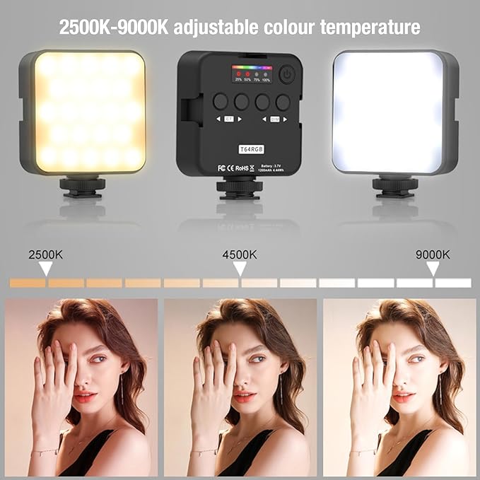 65 LEDs RGB Video Light, 3 Cold Shoe Mounts, 2500K-9000K Adjustable Color Temperature, 1200mAh Rechargeable LED Camera Light for Live Broadcast, Home Theater and Commercial Use