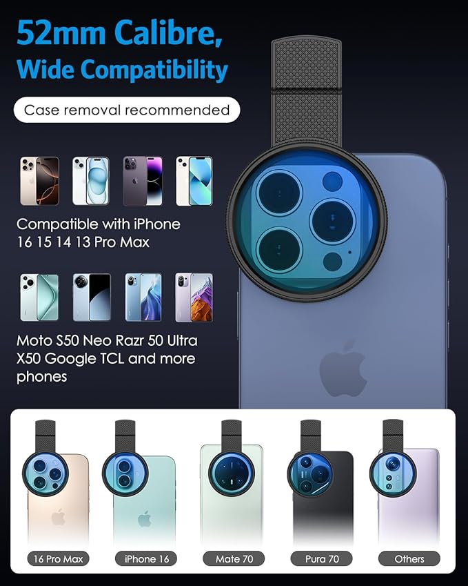 AMIR 52MM Clip-on CPL Phone Camera Lens Filter, Circular Polarizer Filter, Phone Lens Filter Kit Compatible with iPhone 17 16 15 14 13 12, Google Pixel and Other Android Smart Phones