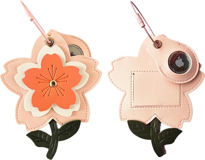 Cute Leather Luggage Tag Holder with Airtag Case Set,Hidden Compartment for AirTag Travel Suitcase Tracking Case with Stainless Steel Loop,Name ID Label(Red Cherry Blossoms)