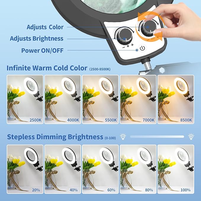 HITTI 12X Magnifying Glass with Light, 2026 New Upgrade Infinite Color and Stepless Dimming Desk Large Lamp & Clamp, 2-in-1 LED Hands Free Lighted Magnifier Stand for Crafting Hobby Soldering Reading