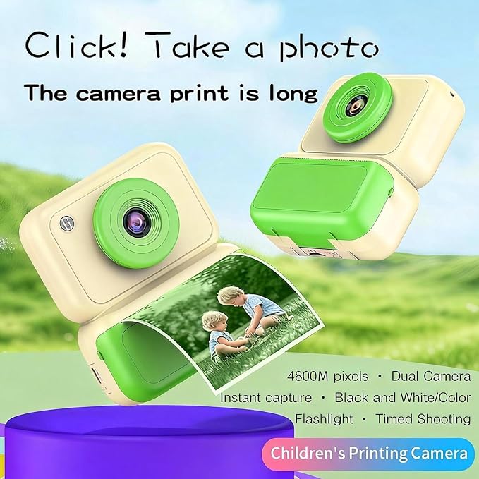 Kids Camera Instant Print, Instant Camera with 4 Roller Photo Paper & 32GB Card, 1080P Dual-Lens Digital Camera for Kids, Boys and Girls Toys Gifts for Teenage Girls Kids Toys for Ages 8-13 (Beige)