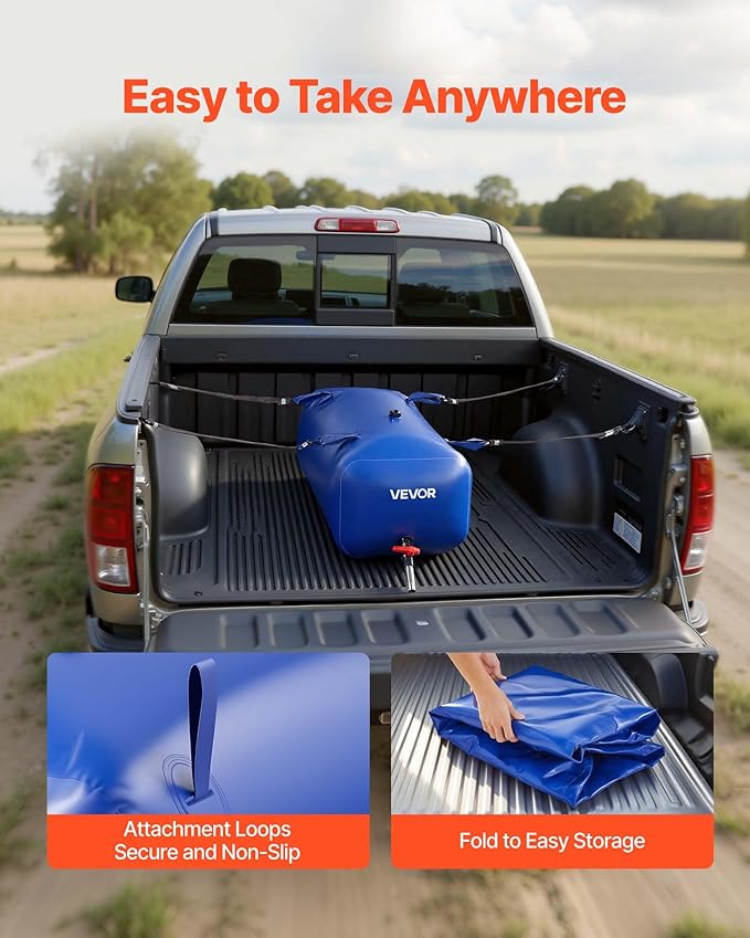 VEVOR Water Storage Bladder 30 Gallon Large Capacity Water Bag, Portable & Collapsible Soft Waters Container, Leakproof & Tear-Resistant PVC Emergency Waters Storage Tank for RV Truck & Outdoor Use