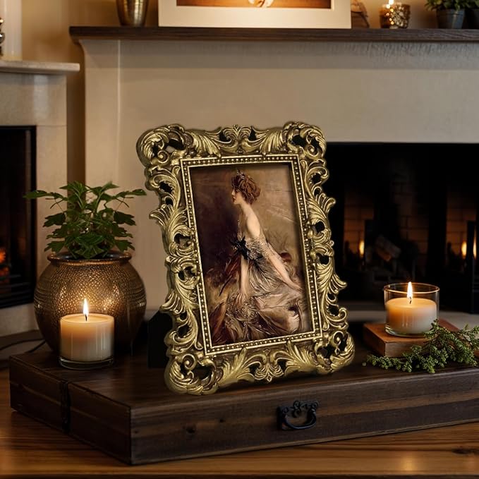 4x6 Gold Picture Frame Antique Ornate Vintage with Glass Front, Baroque Victorian Frame for Tabletop or Wall Display
