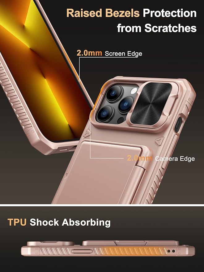 Vihibii for iPhone 13 Pro Max/iPhone 12 Pro Max Case with Card Holder (4 Cards), [RFID Blocking] & Slide Lens Camera Cover, Military Grade Drop Protection, Heavy Duty Wallet Phone Case, Rose Gold