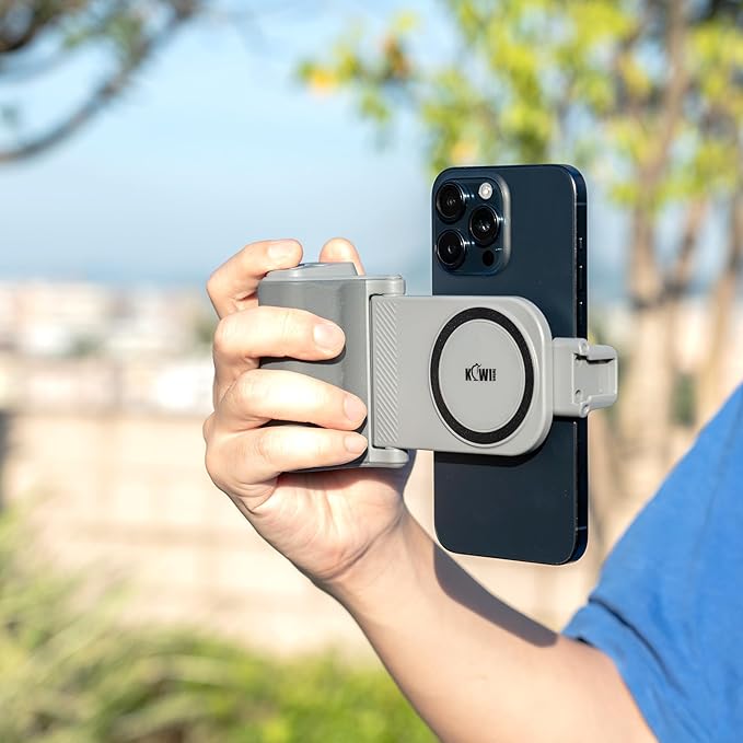 KIWIFOTOS Travel Phone Camera Grip Smartphones Camera Handle with Remote Control & Cold Shoe Mount for iPhone 17 16 Pro Max Samsung S24 S25 Selfie Vlog Video Shooting-Gray