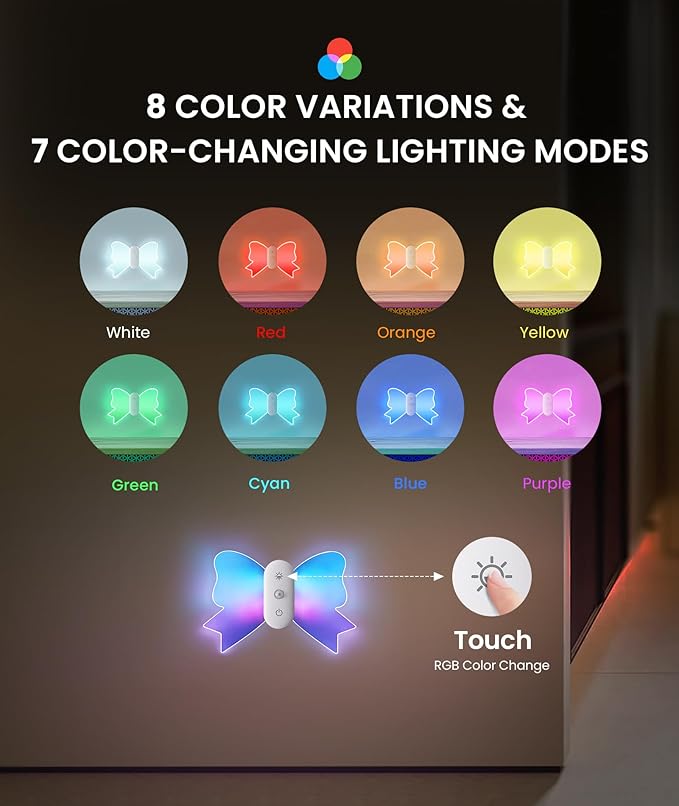 LOFTEK Rechargeable Motion Sensor Wall Sconce 2PCS- 15 RGB Butterfly Ambient Light Dimmable - Acrylic Bow-Knot Night Light Peel & Stick Wall Lamp for Balcony Bedroom Stair Hallway Kid's Room