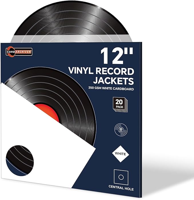 20PCS 12 Inch Vinyl Record Jackets, Thick White Cardboard Sleeves with Center Hole, Blank LP Album Covers for 33 RPM Storage & Organization, 350gsm LP Jackets for Record Storage