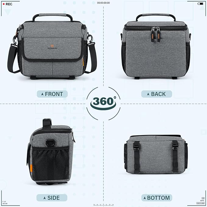 RAINSMORE Camera Bag for DSLR SLR Mirrorless Camera,Small Camera Sling Bag for Photographers Waterproof Camera Case with Tripod Holder Compact Camera Bag Crossbody with Rain Cover，Grey