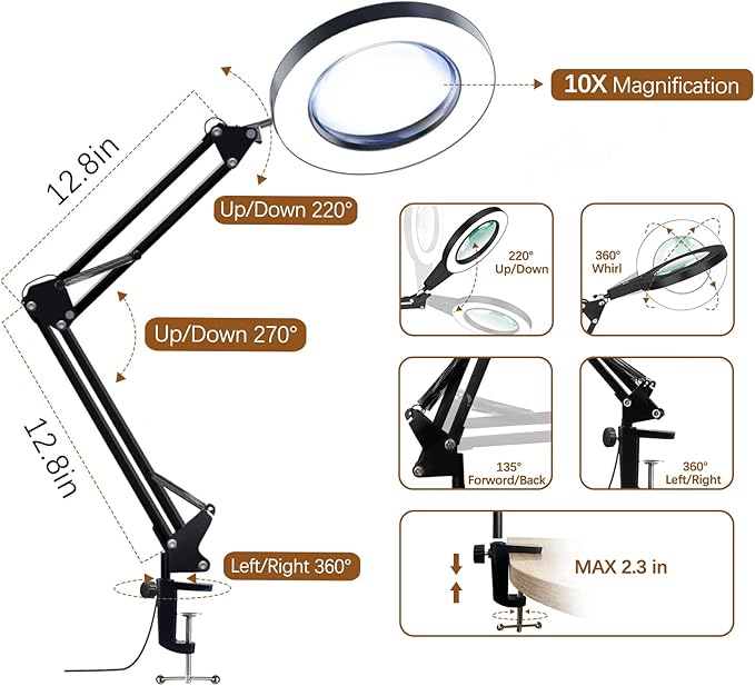 VUEJIC 10X Magnifying Glass with Light and Clamp, Magnifier with Light Hands Free3 Color Modes Stepless Dimmable, 72 LEDs Real Glass Lens Magnifying Lamp for Close Work, Repair, Reading, Craft