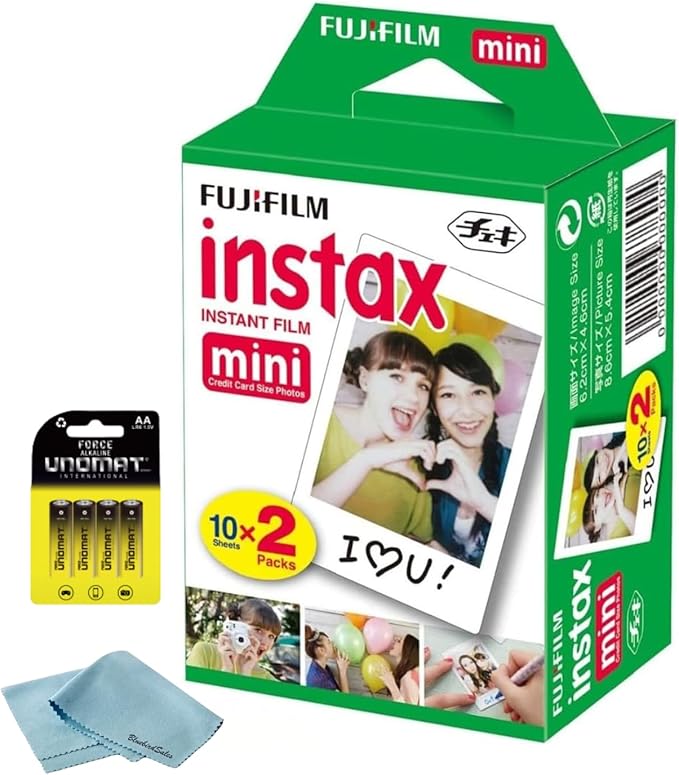 Fujifilm Instax Mini Instant Film, 20 Shots (10 Sheets x 2) – Capture Memories Anytime, Anywhere + BluebirdSales Premium Cleaning Cloth & 8 AA Batteries