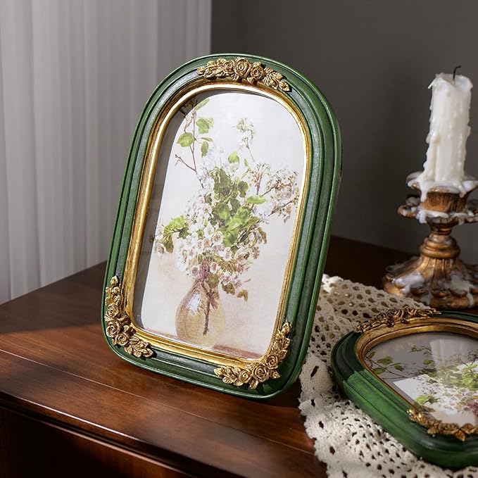 Cuspin Vintage 5x7 Picture Frame Green and Gold Decor, Ornate Arch Picture Frames with Glass Front for Tabletop or Wall Hanging Display, Antique Decorative Frame for Home Decor or Gift