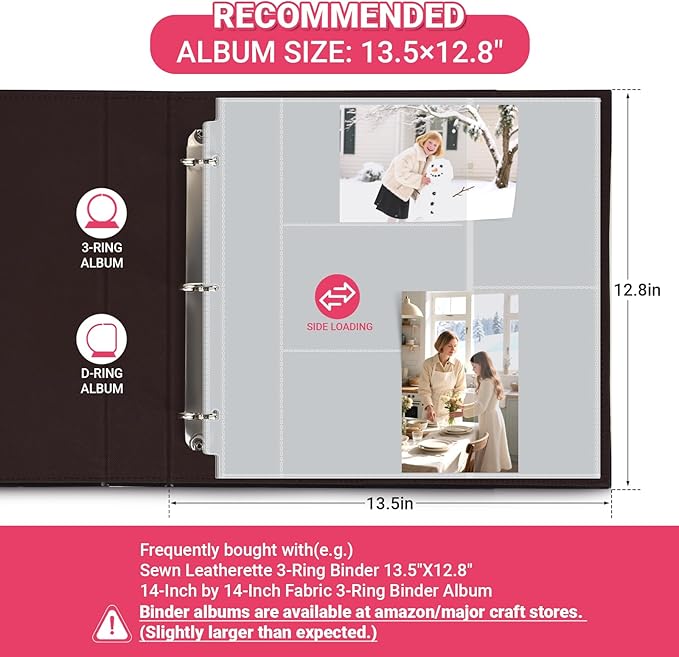 Oversized Photo Album Refill Pages 12x12, Mixed 4x6 Photo Sleeves for 3 Ring Binder, D-Ring Scrapbook Album, Wedding Family Anniversary Baby Travel Book, 20 Acid-Free Page Protectors with 200 Pictures