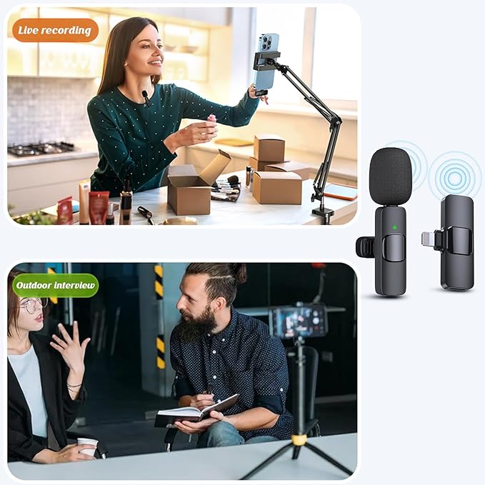 Wireless Microphone for iPhone iPad, Wireless Lavalier Microphone, Mini Mic Clip-on Microphones for Video Recording, Live Stream, Interview, Tiktok, Vlog, Podcast, YouTube, 2 Pack