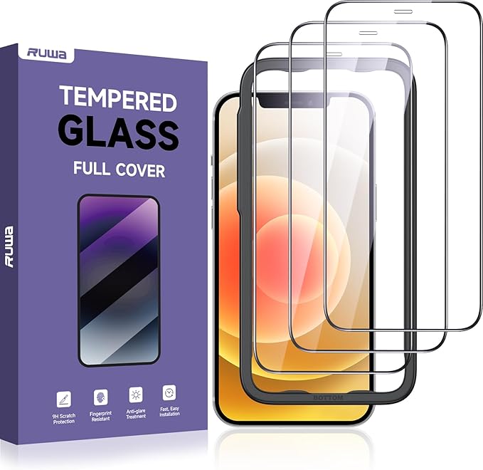 ruwa Screen Protector for iPhone 12 Pro Max [6.7 Inch][3-Pack] Display Tempered Glass Film with Easy Installation Frame, Ultra HD, 9H Hardness, Scratch Resistant, Case Friendly