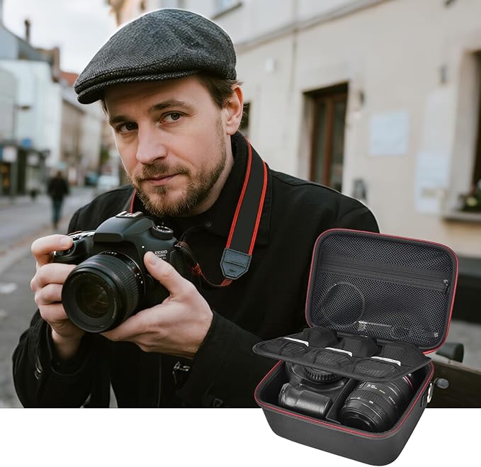 Comecase Hard Camera Case for Canon EOS Rebel T7 R50 R100 R10 R5 R6 R8 Mark II, DSLR Mirrorless Camera Bag with 6 Slots &Adjustable Divider for Lens and Accessories, Travel Storage, Black+Red Zipper