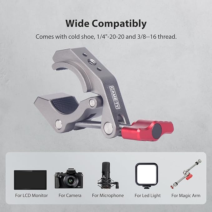 Came-TV Metal Super Clamp with Cold Shoe, 1/4" & 3/8" Threaded Holes - Compatible with Magic Arms, Ball Arms, Ideal for Action Camera Bicycle Mount, Max Load 2kg(61011)