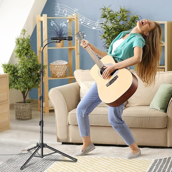 Mic Stand Detachable Gooseneck Microphone Stand Floor Height Adjustable from 24” to 67” for Kids with 2 Mic Clips for Singing Lecture Stage Wedding