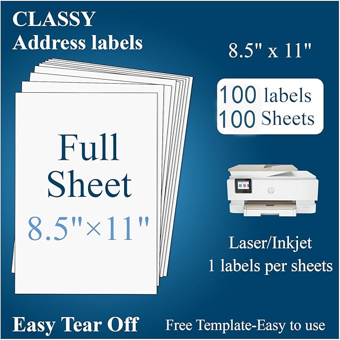 (100 Sheets, 100 Labels) Sticker Paper, 8.5" x 11" Full Sheet Shipping Address Labels, 1 Per Page Self Adhesive Mailing Label for Laser and Inkjet Printers